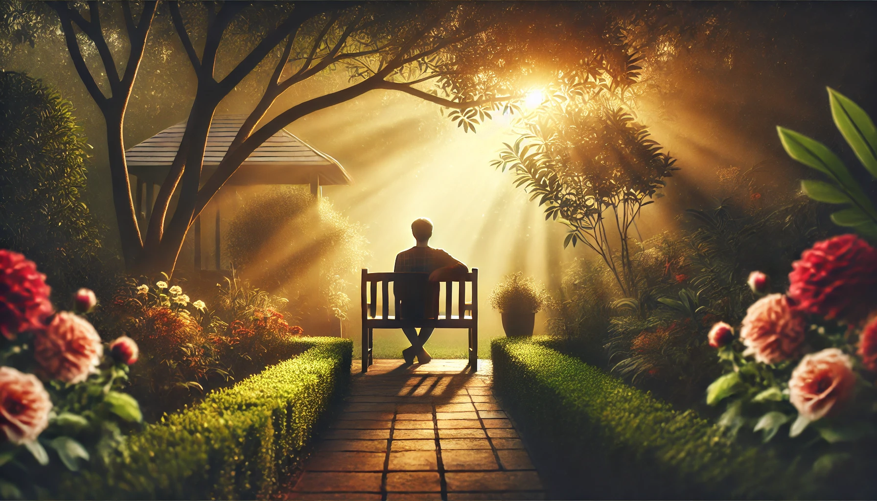 A serene image of a person sitting quietly on a bench in a peaceful garden, with a warm light enveloping them.