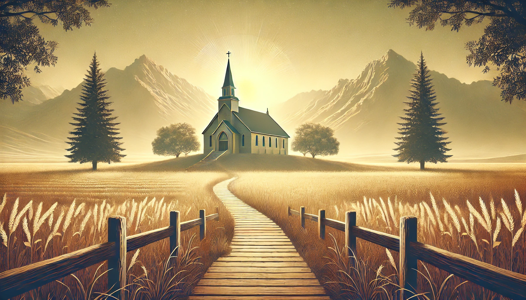 A serene landscape with a clear path leading to a church.