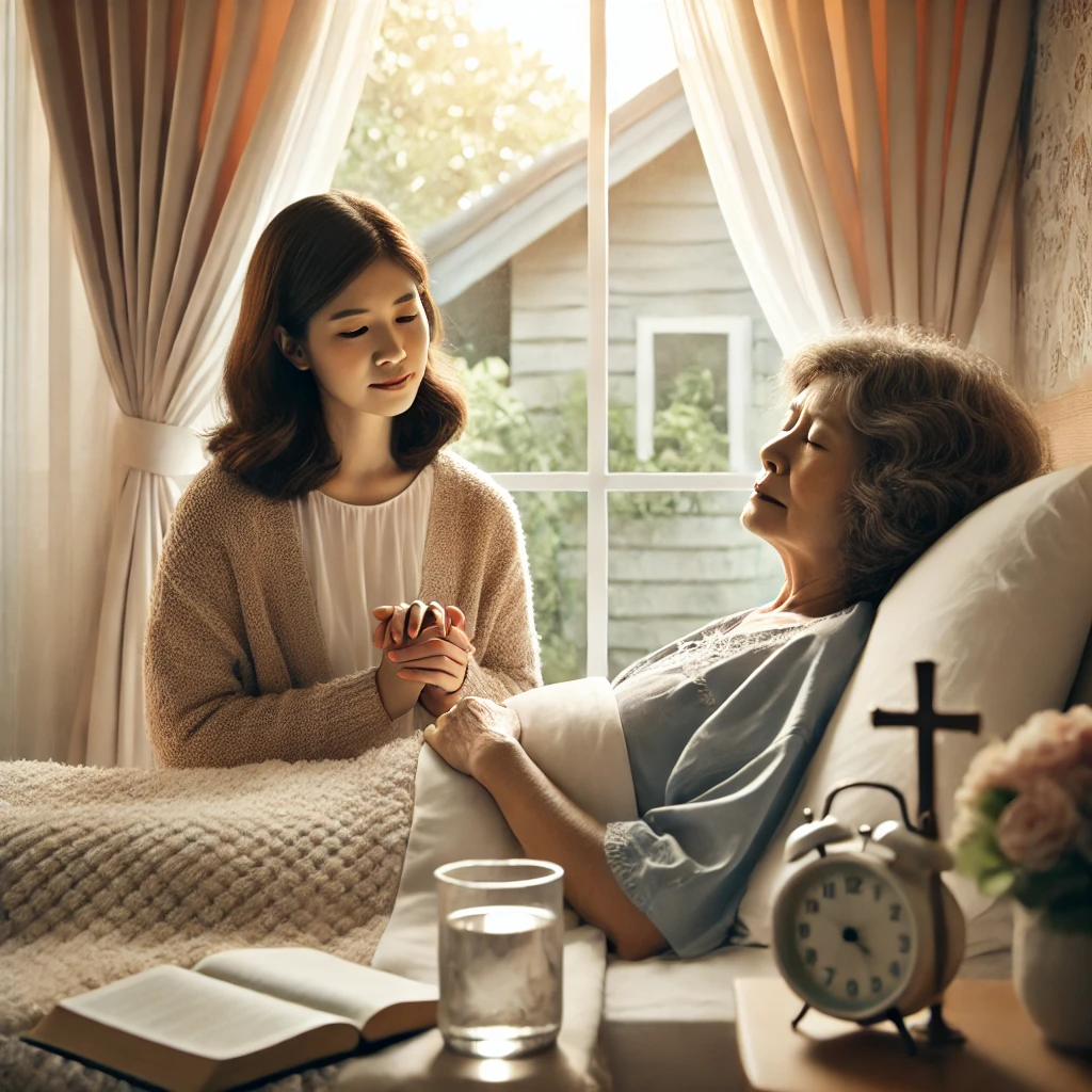 A serene scene of a woman in a cozy warmly lit room sitting by her sick mother's bedside.