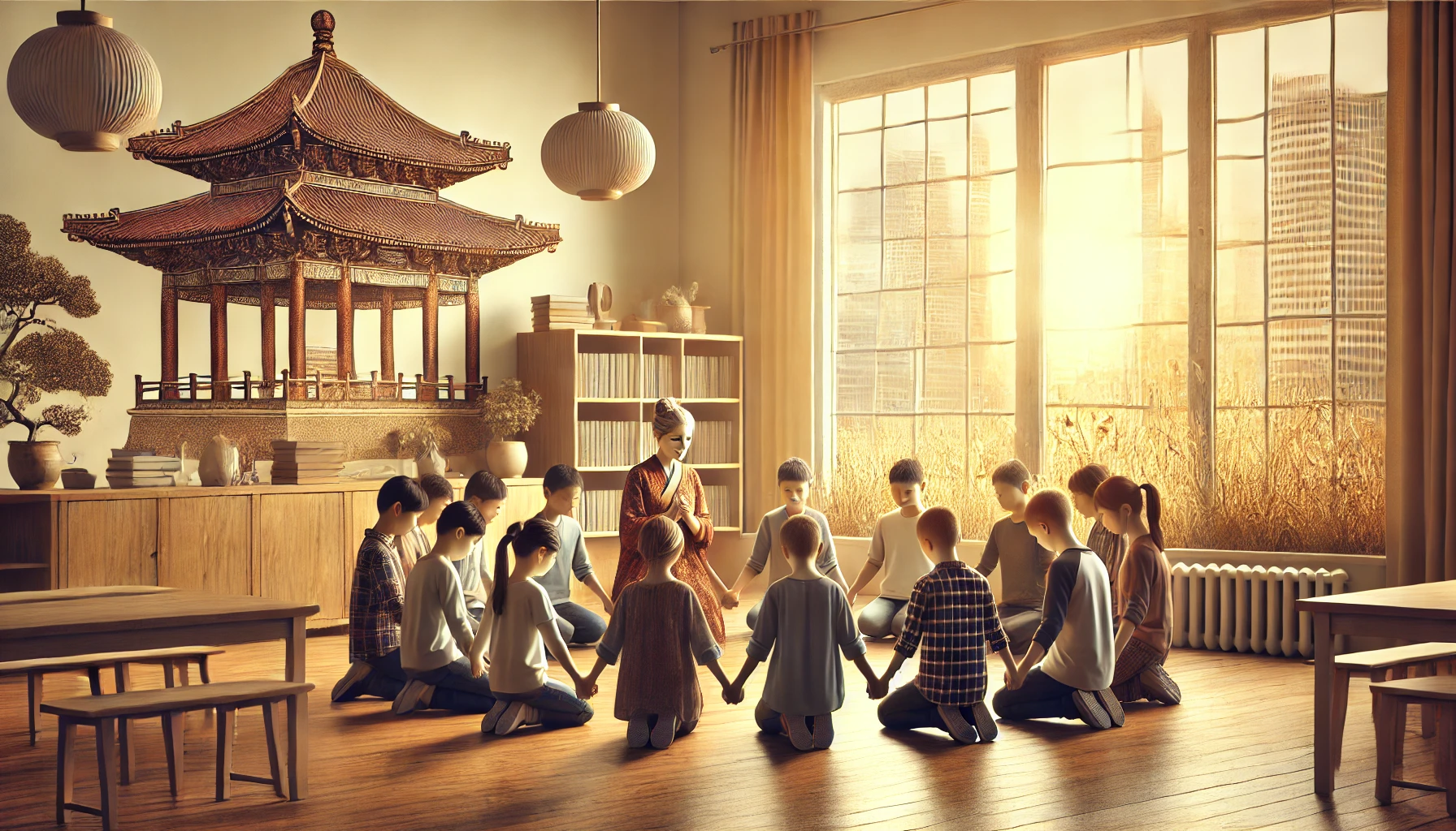 A serene scene with a Sunday school teacher and a group of students holding hands in a circle, heads bowed in prayer.