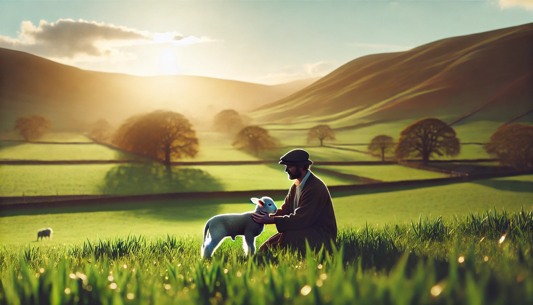 A shepherd holding a lamb in a lush green pasture with a backdrop of rolling hills.