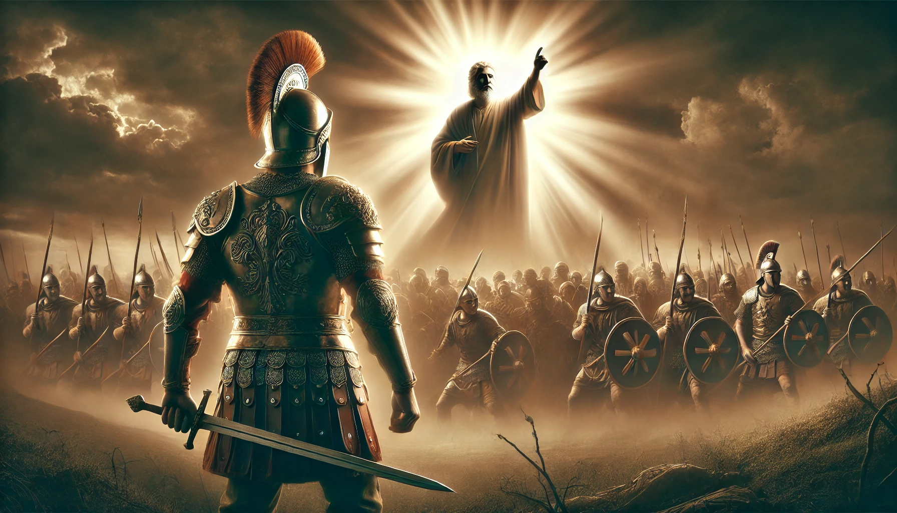 A soldier in ancient armor with a divine light guiding him from above as he faces a formidable enemy army.