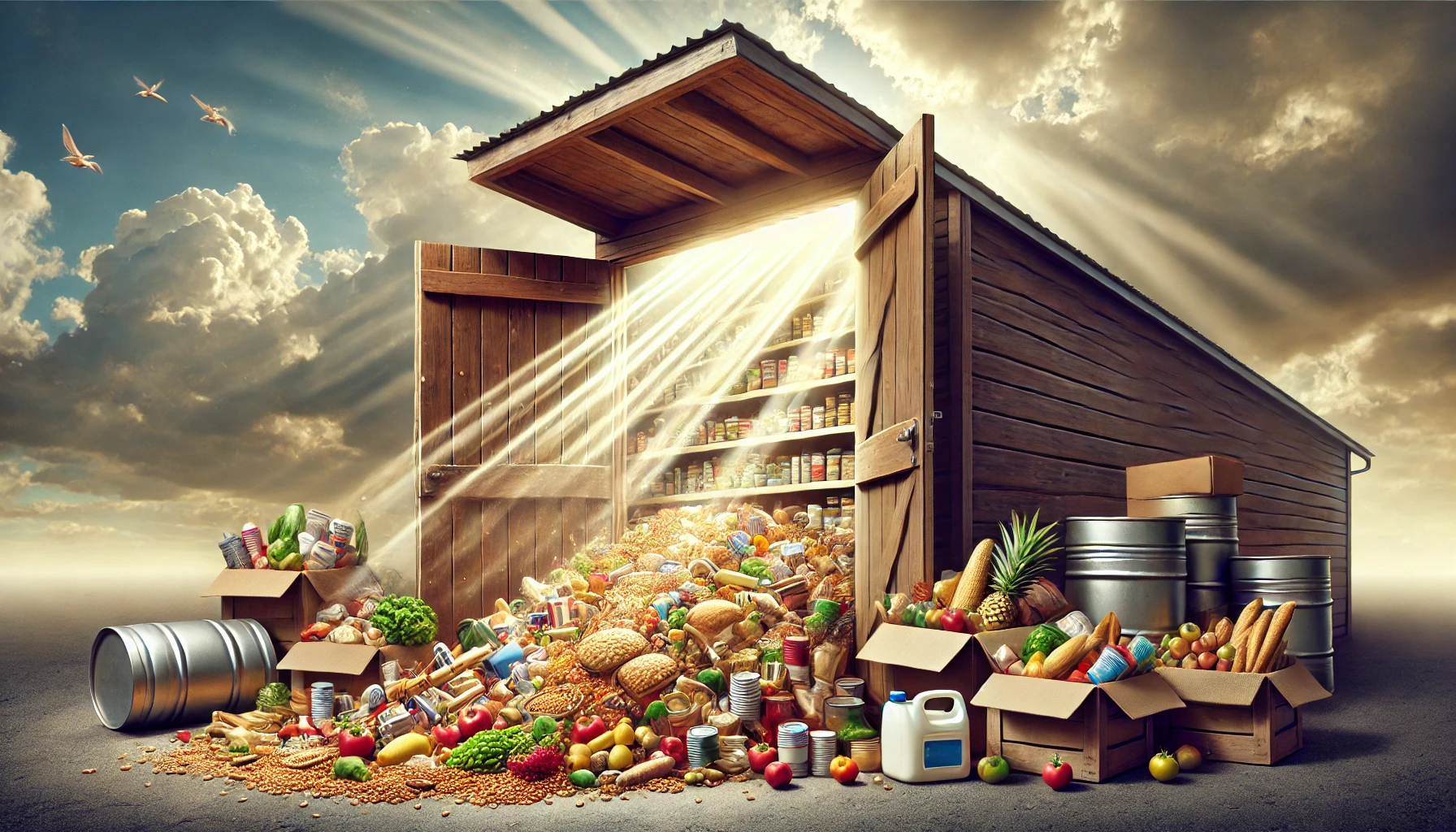 A storehouse with an open door, showing an abundance of food and supplies spilling out.