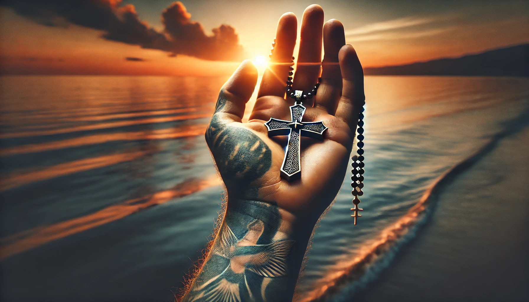 A tattooed hand holding a cross necklace against the backdrop of a sunset.