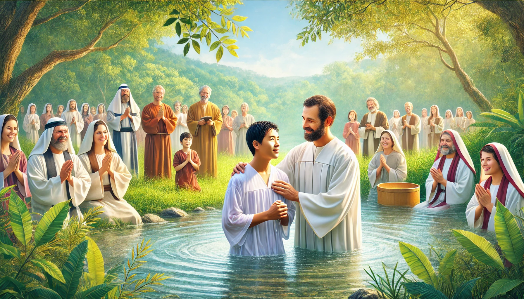 A teacher baptizing a student in a natural setting, possibly by a river or lake.