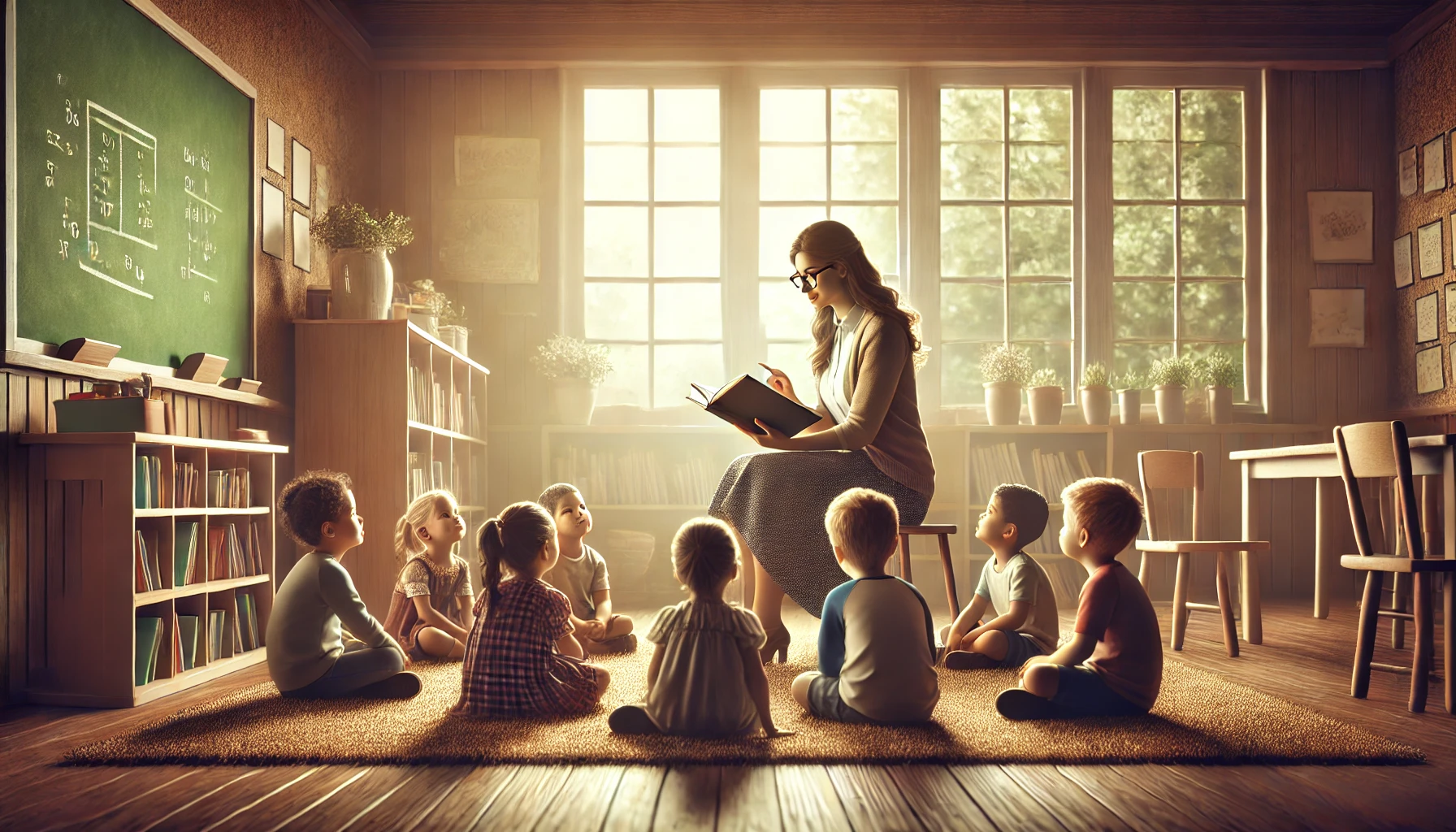 A teacher reading to young children in a warm, cozy classroom setting.