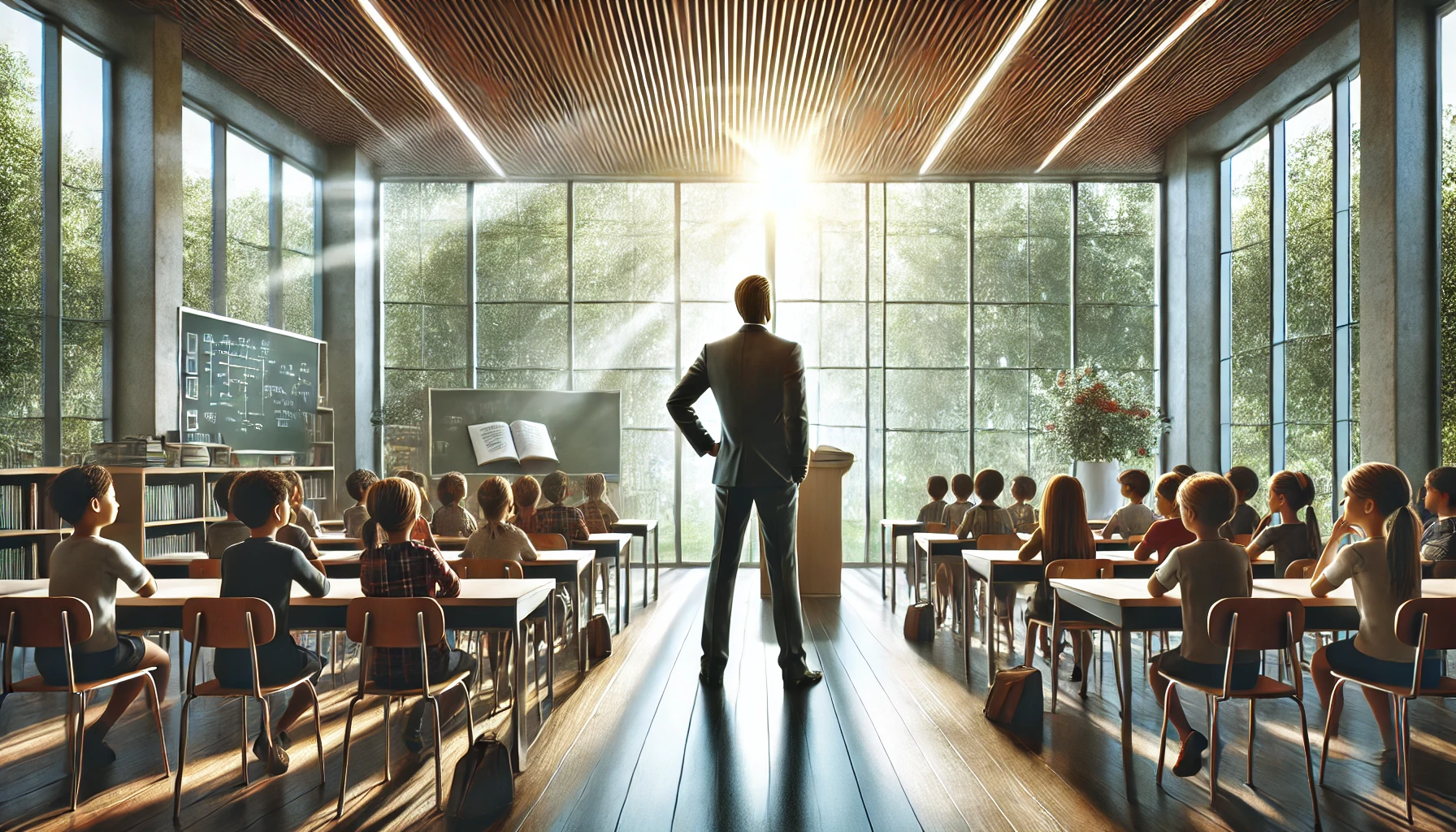 A teacher standing confidently in front of a classroom, exuding strength and courage.