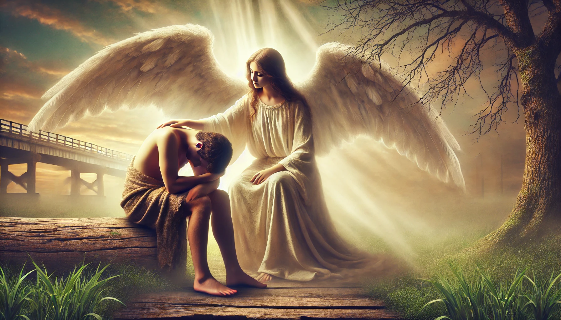 A tranquil scene with an angel comforting a grieving person, set against a backdrop of soft, heavenly light.