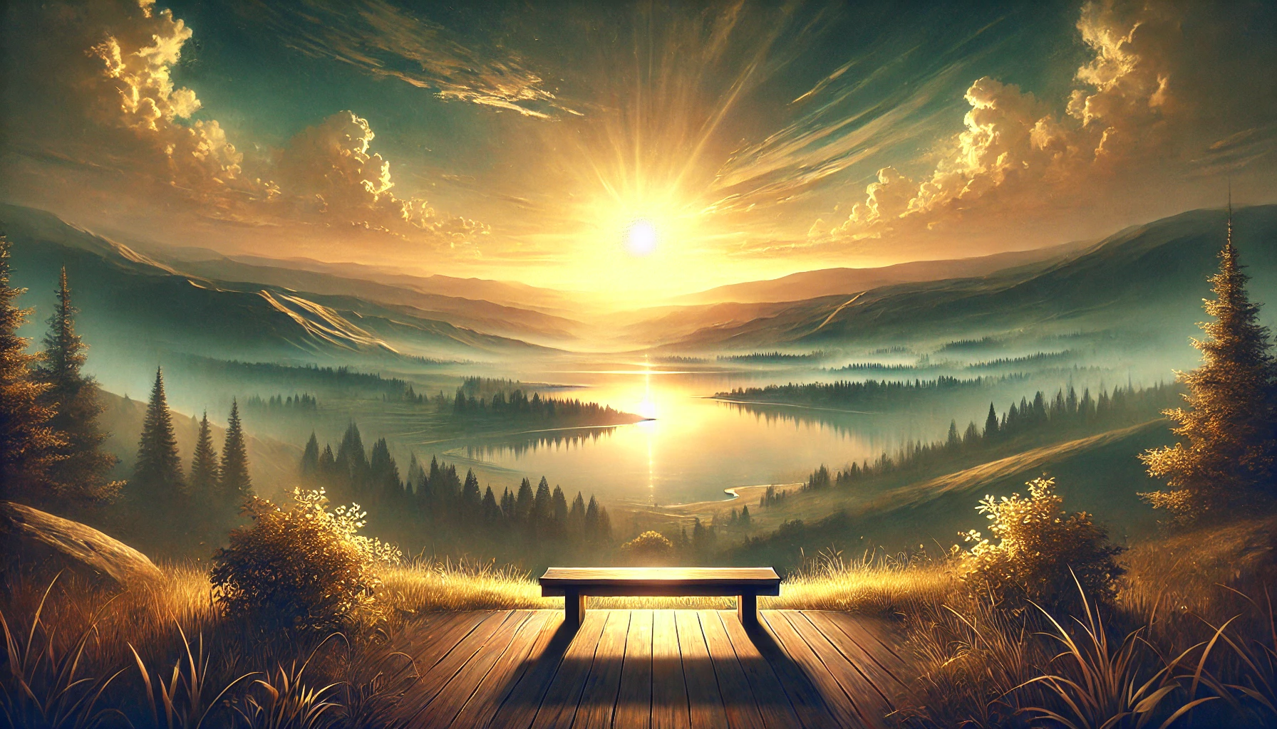 A tranquil sunrise over a serene landscape.