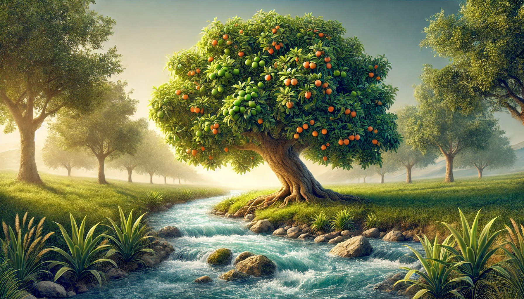 A tree planted by a stream of water, with lush green leaves and fruit.