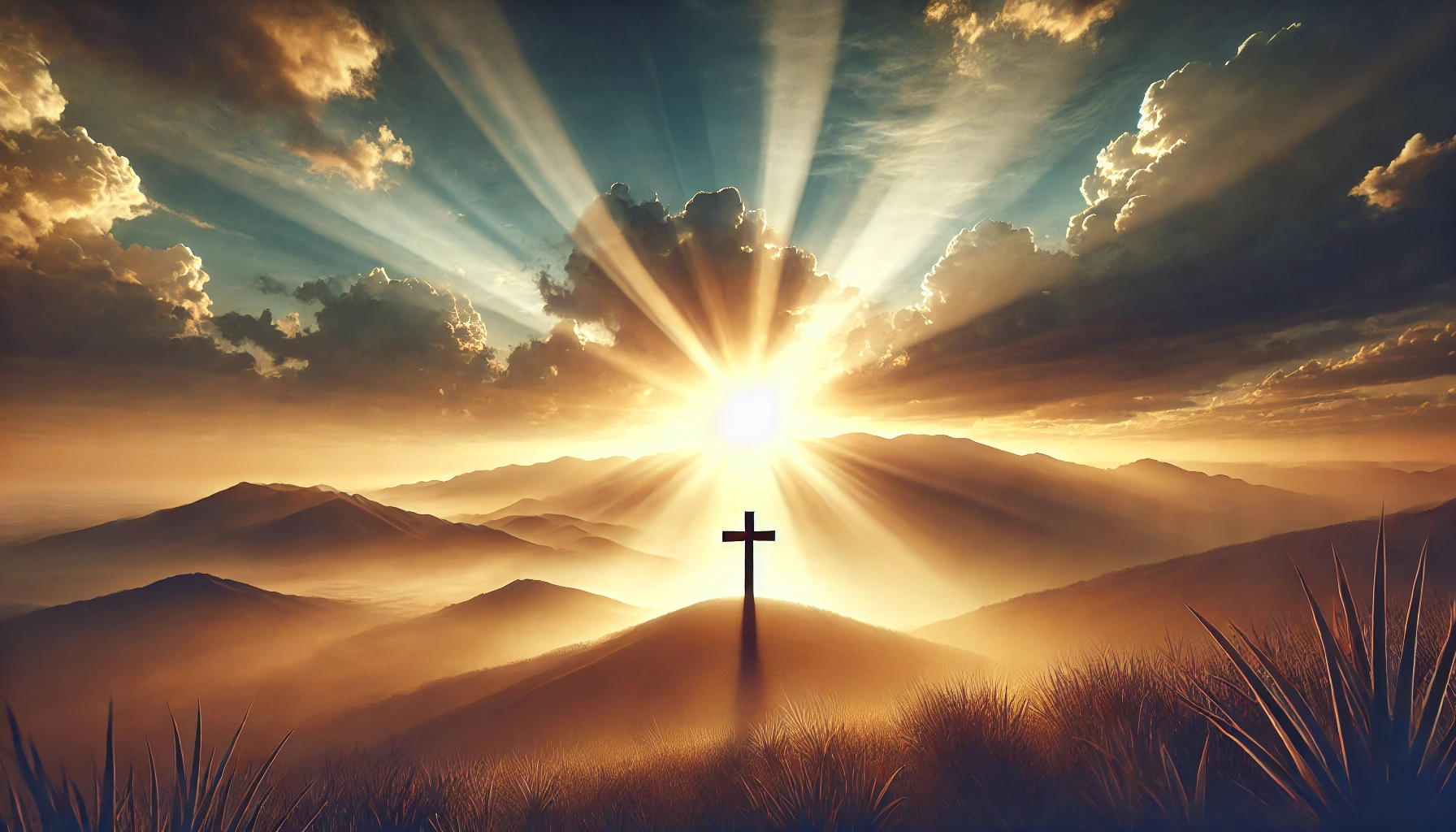 A triumphant and serene scene of a sunrise over a hill, with a cross in the foreground.