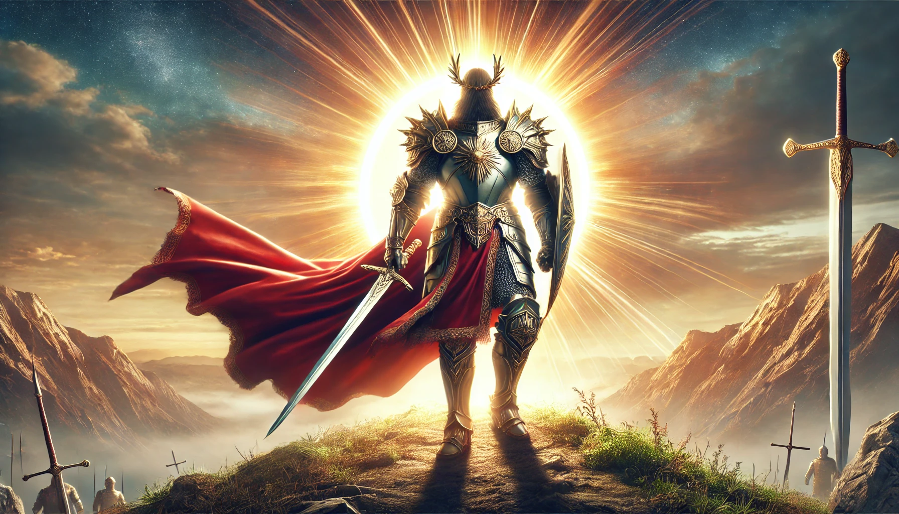 A victorious warrior clad in the full armor of God, standing on a hilltop with a bright.