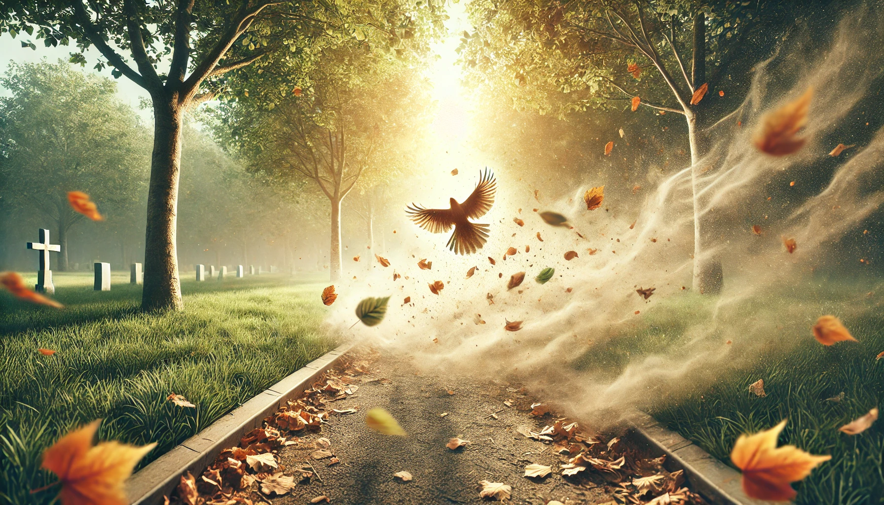 A windy scene, with leaves and dust swirling through the air in a park.