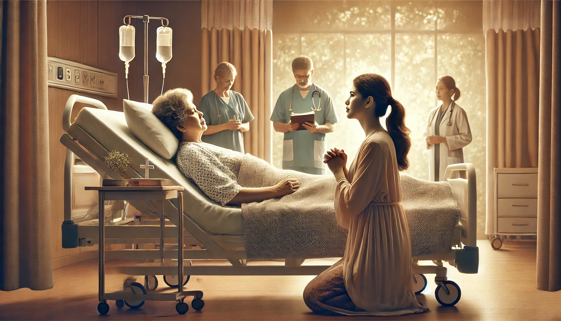 A woman praying at her sick mother's bedside in a hospital room.