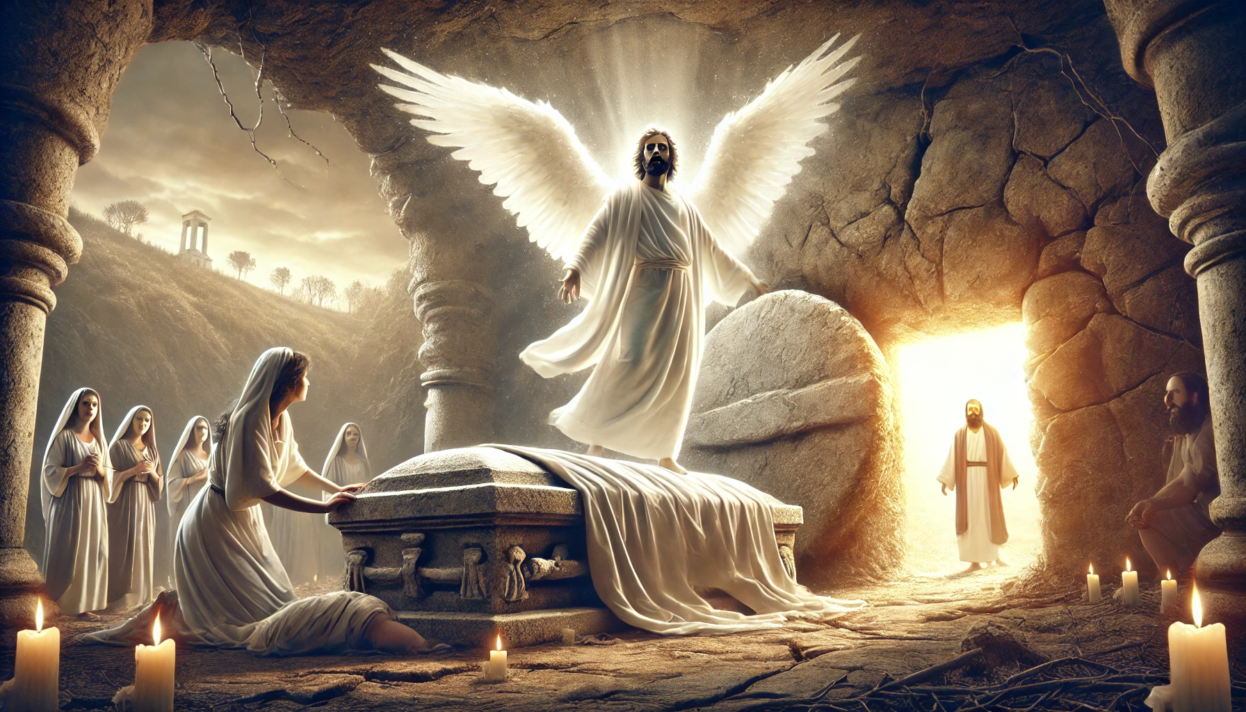 An angel of the Lord rolling away the stone from the tomb of Jesus Christ.