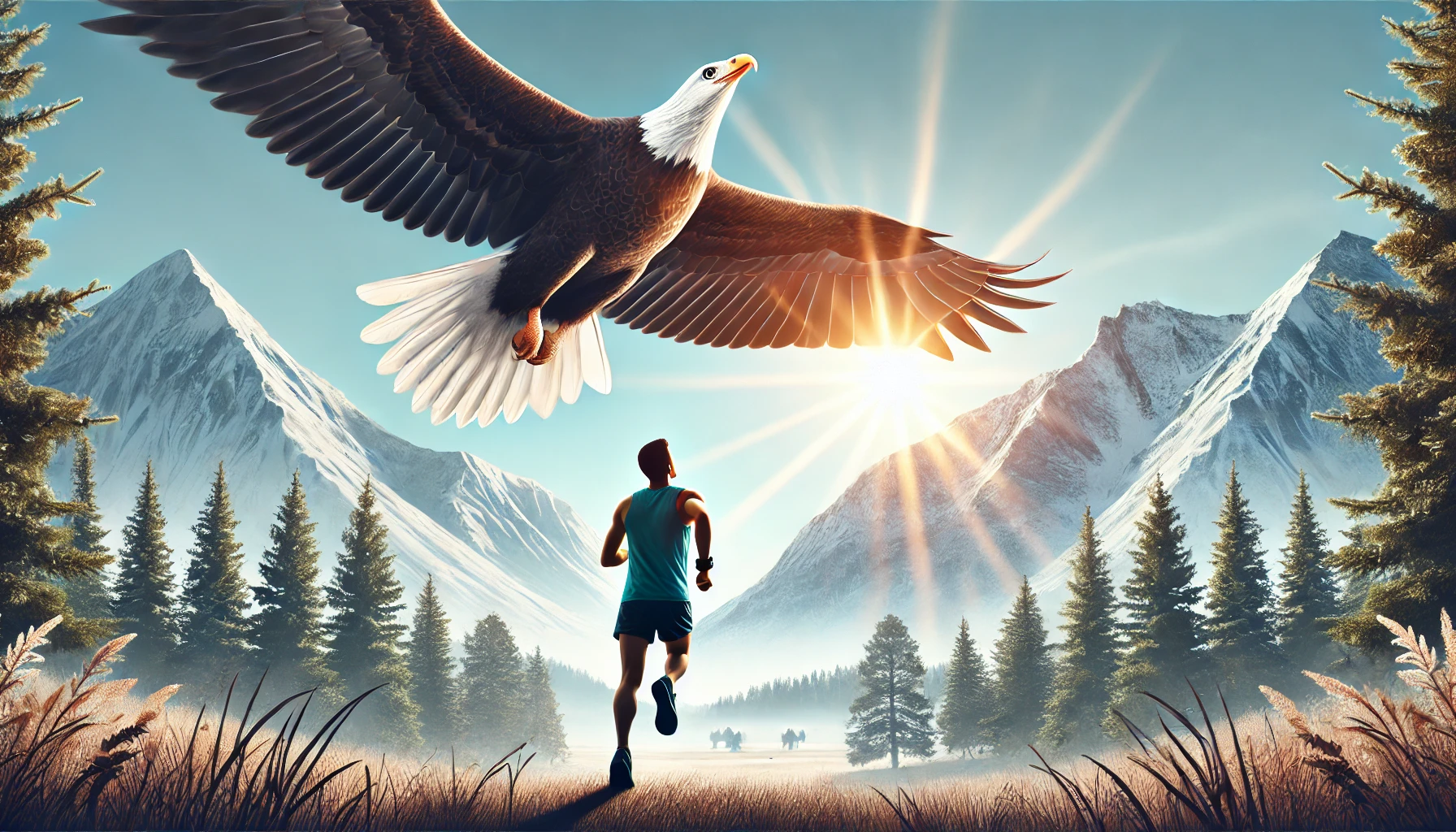 An eagle soaring high in the sky, with a runner below looking up for strength and inspiration.