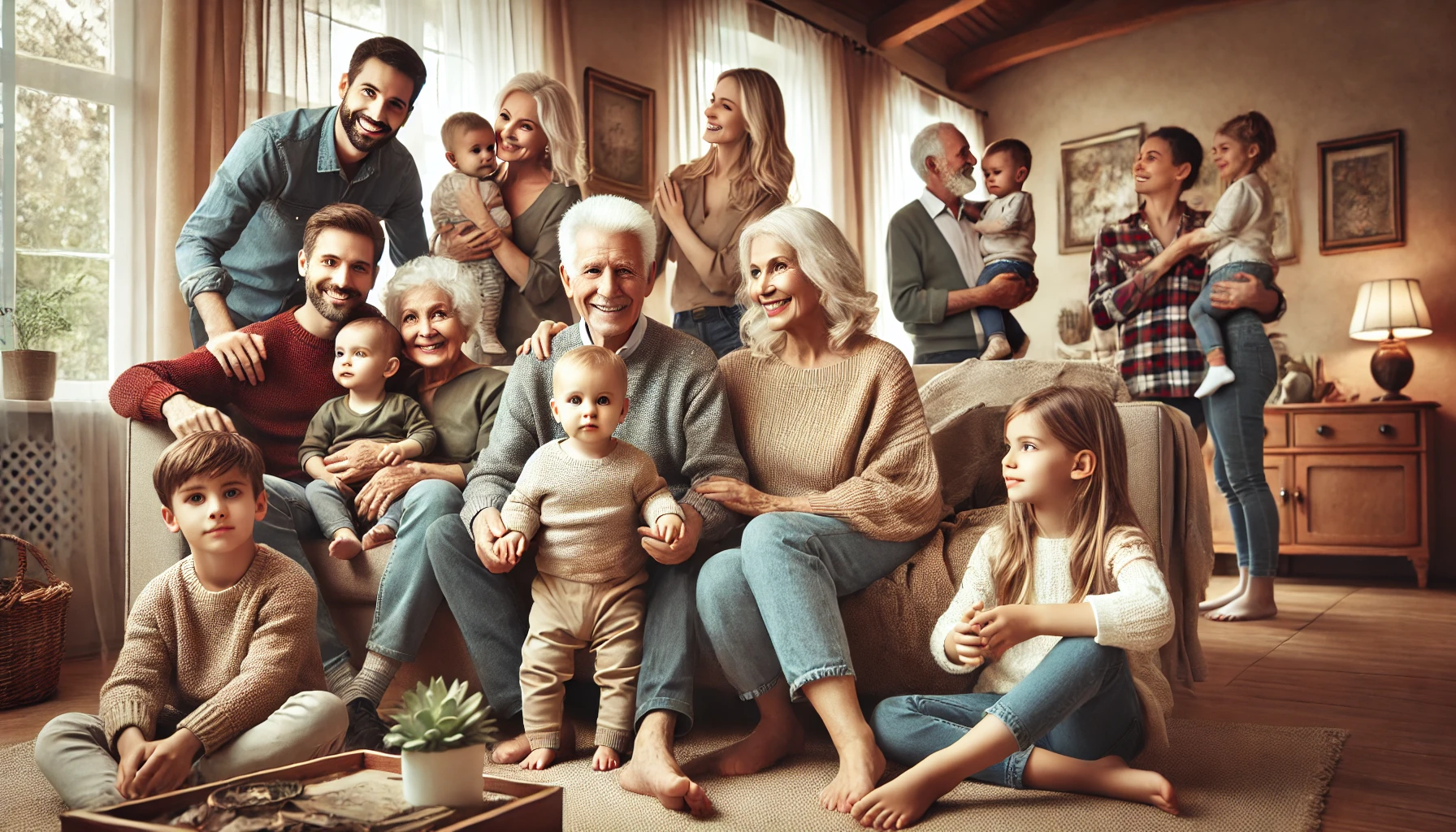 An elderly couple surrounded by their children and grandchildren.