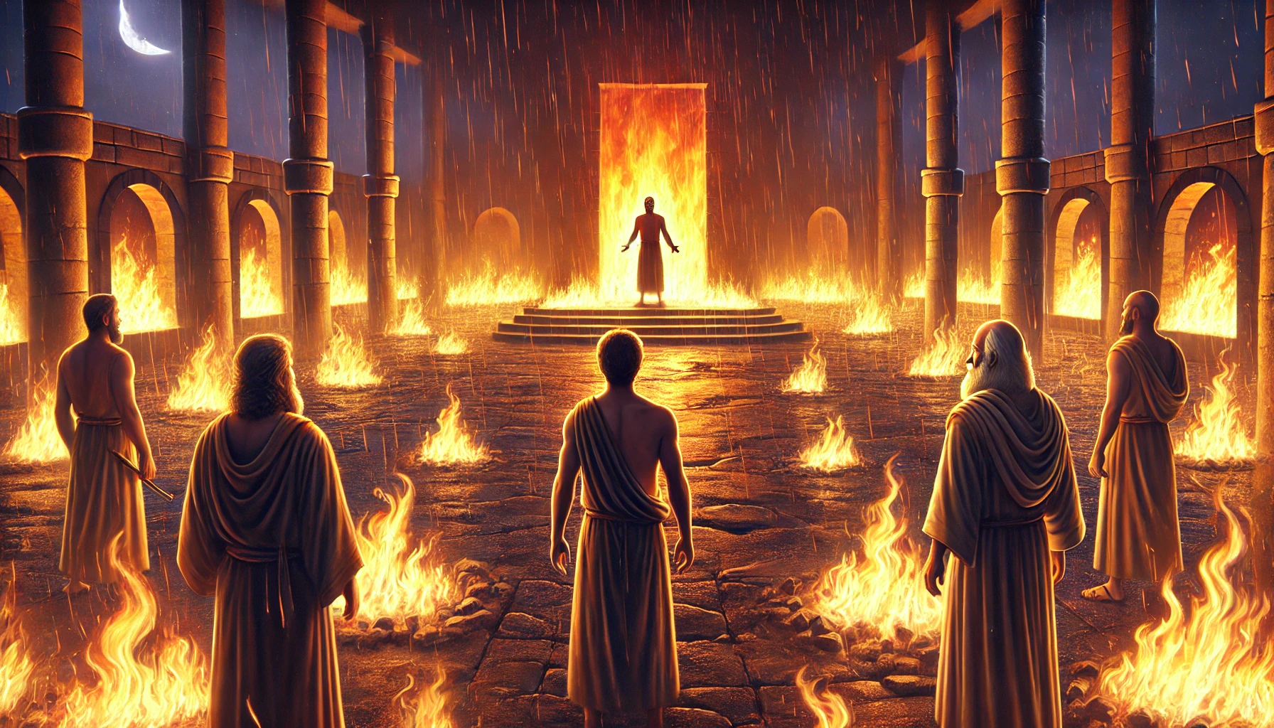 An illustration depicting Shadrach, Meshach, and Abednego standing in a fiery furnace, surrounded by flames but untouched.