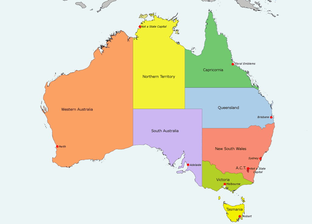 Colored map of Australia showing territories.