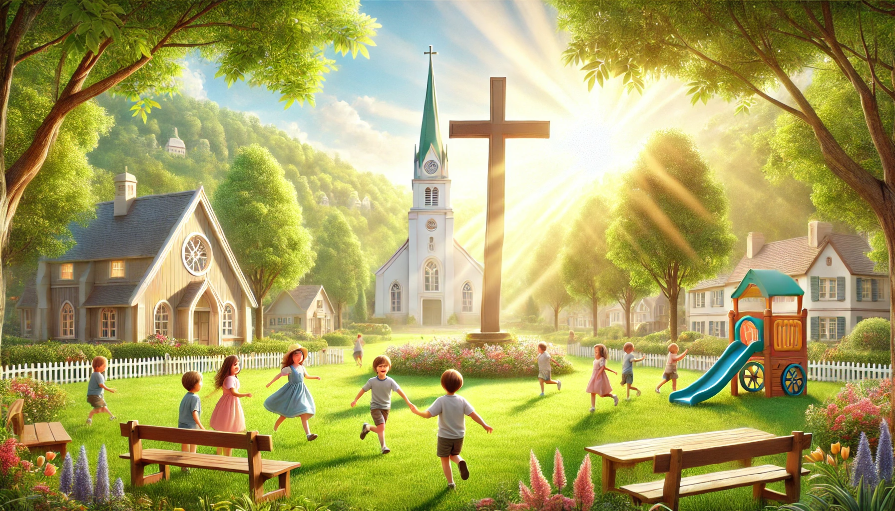 Children playing joyfully in a park with a picturesque church or a large cross in the background.