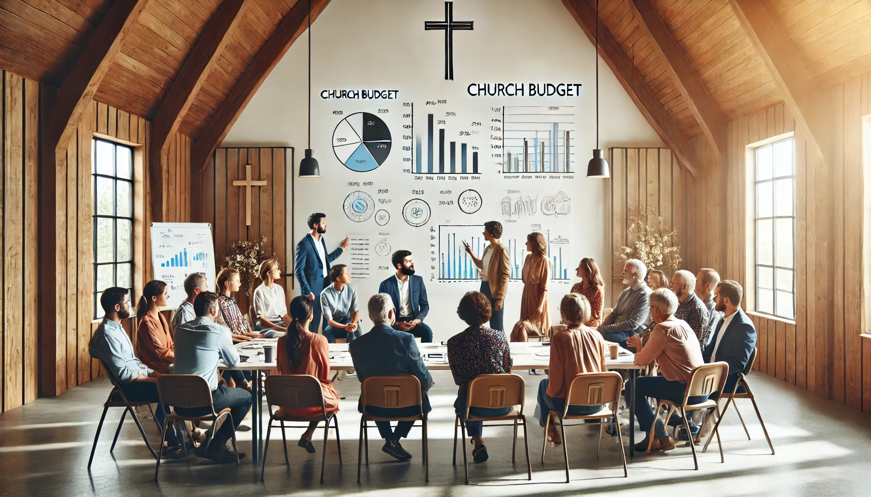 Church leaders and members in a meeting room with a whiteboard displaying charts and figures related to the church budget.