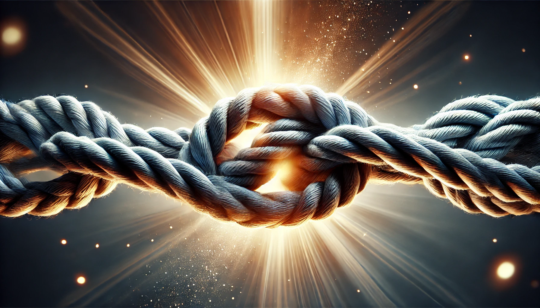 Intertwined ropes forming a strong cord with a radiant light in the background, representing unity and strength.