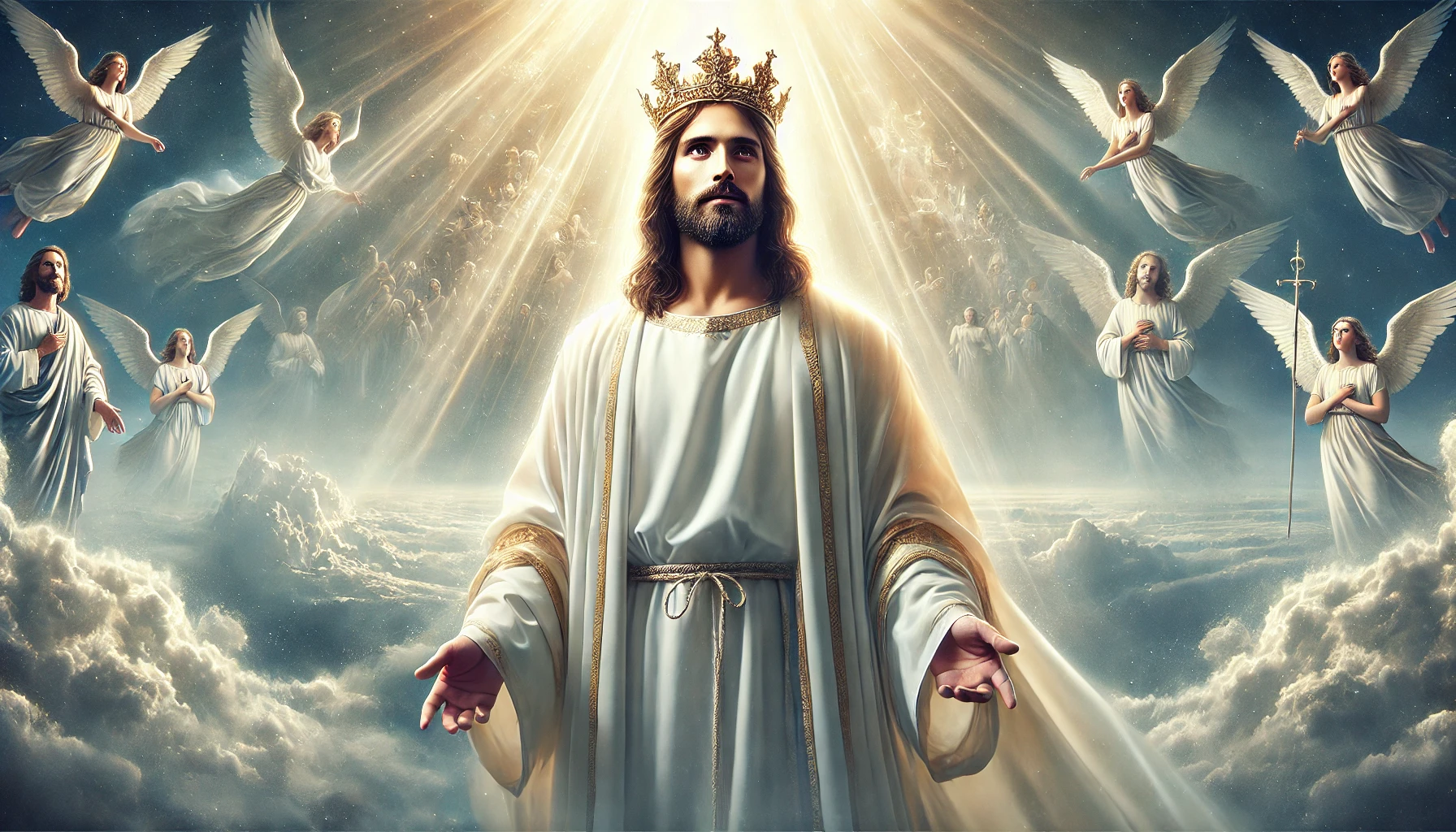 Jesus Christ in glory. He is depicted in radiant light, standing in majesty, with a crown on his head.