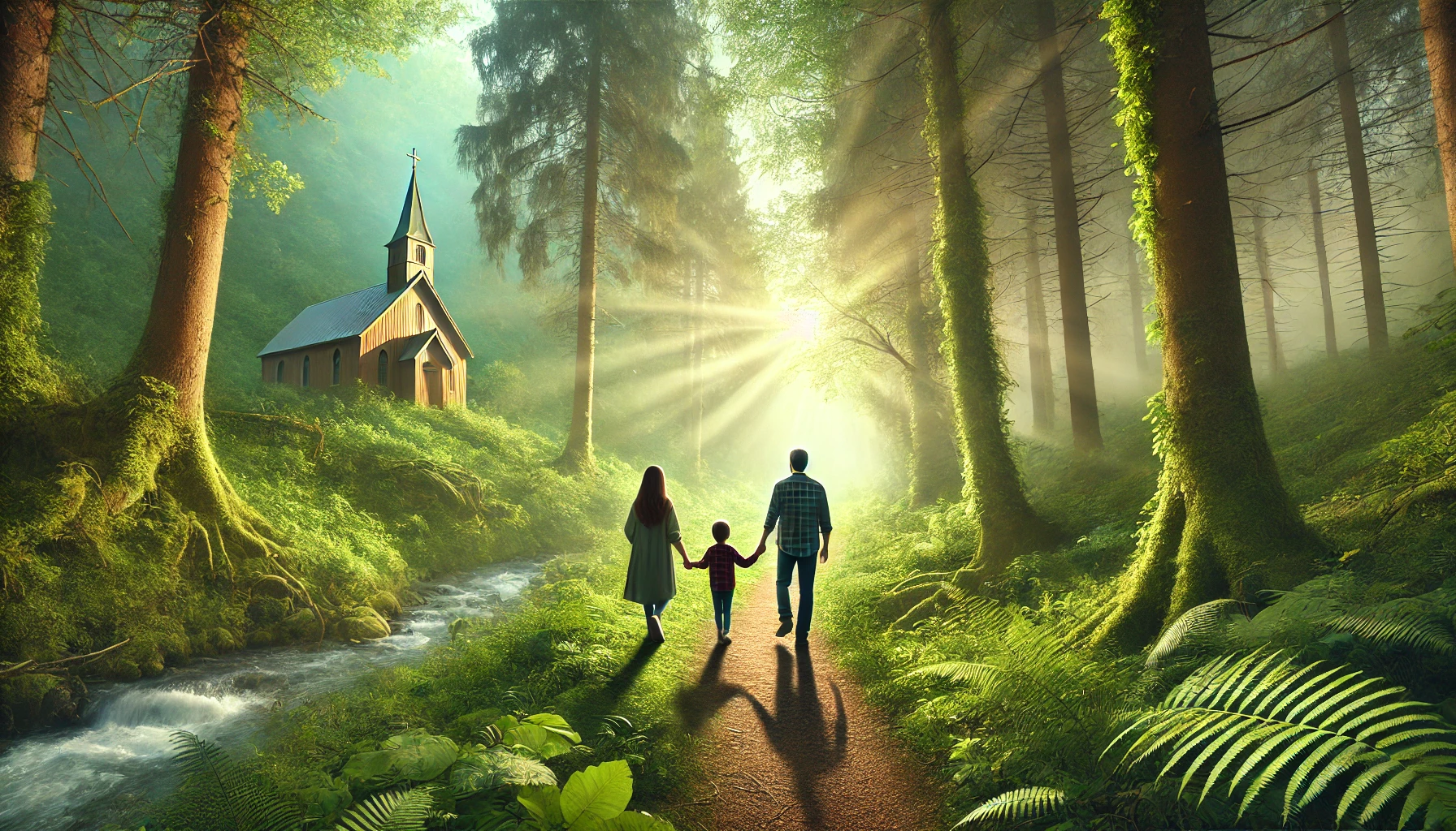 Parents guiding their children on a nature walk through a lush, green forest.