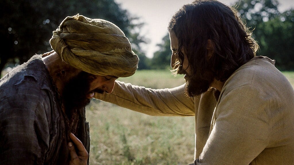 A scene from The Chosen, Jesus and the leper.