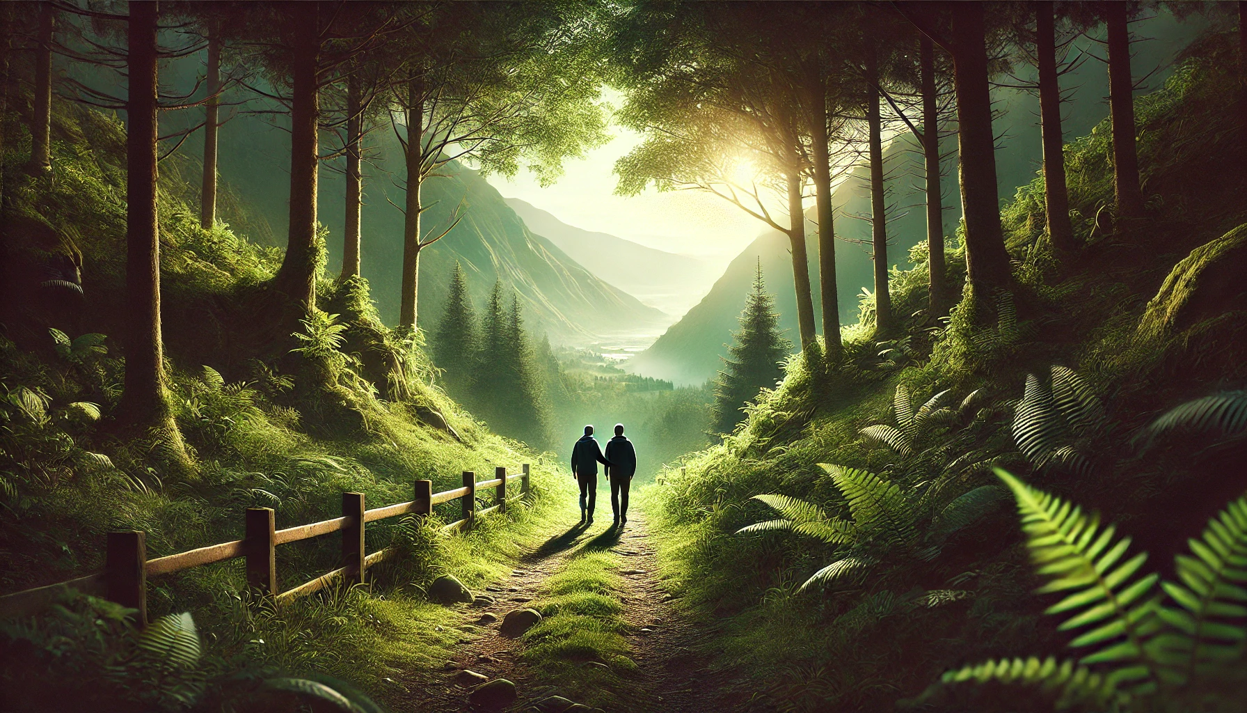 Two people walking together on a scenic path surrounded by lush greenery.