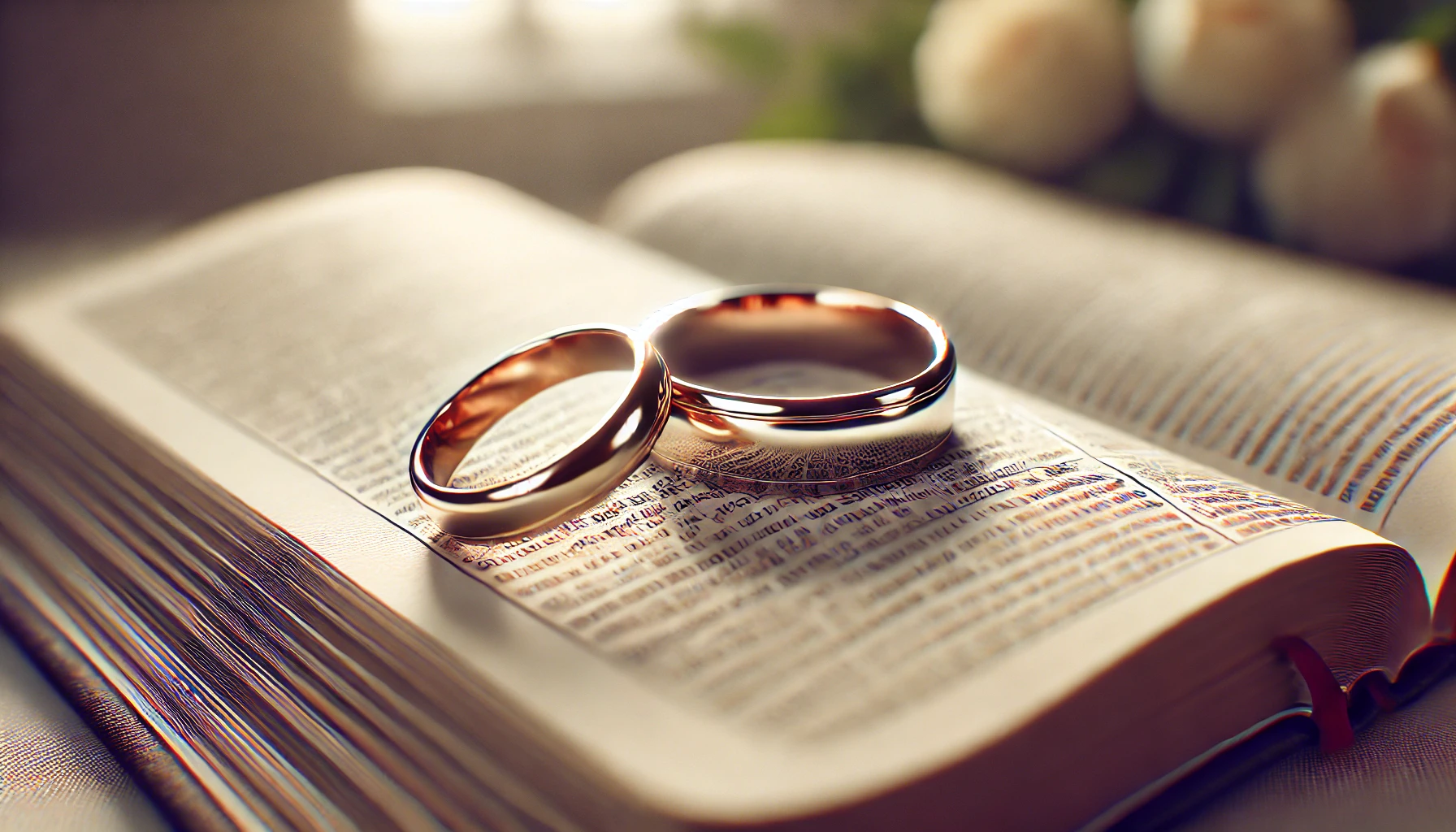 Two wedding rings resting on an open Bible.