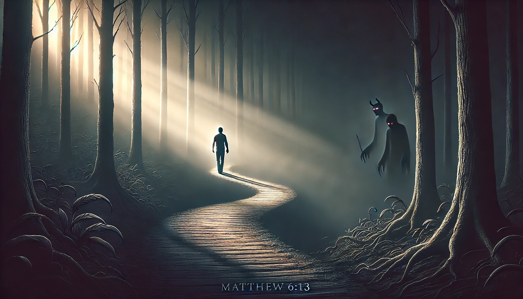 A person walking on a narrow, winding path through a dark, shadowy forest.