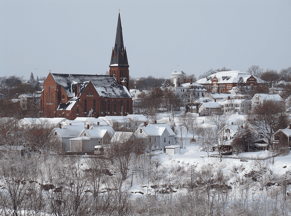 Bangor, Maine church with a light dusting of snow.