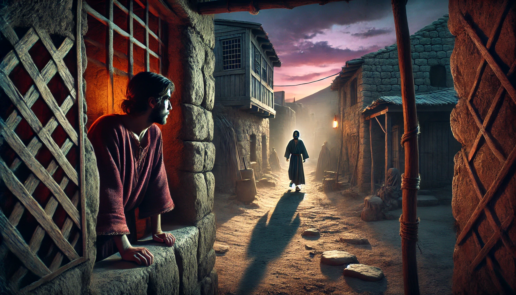 At twilight and man peers out a stone house and watches a young man walking down a street.