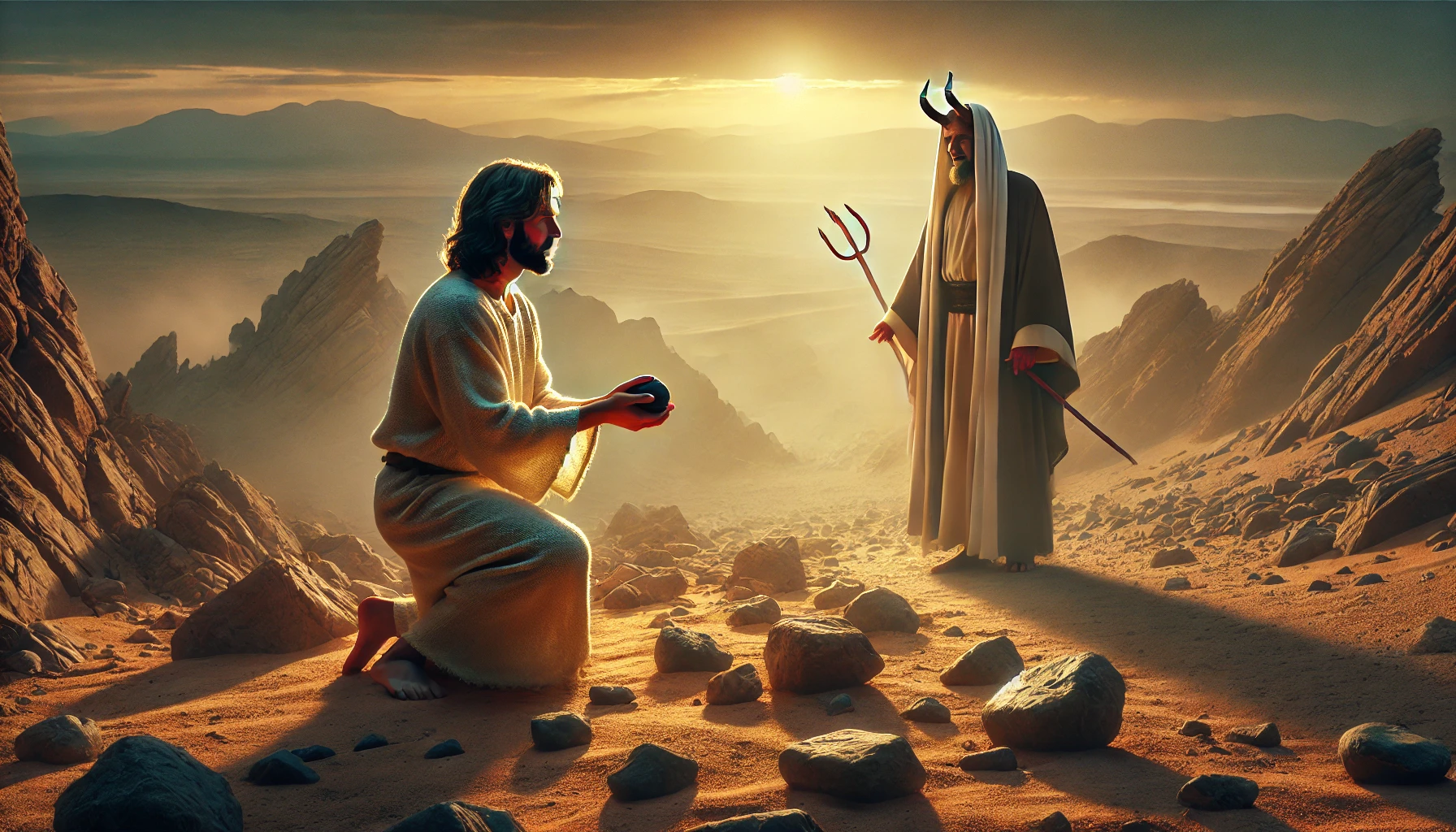 Jesus in the wilderness being tempted by Satan.