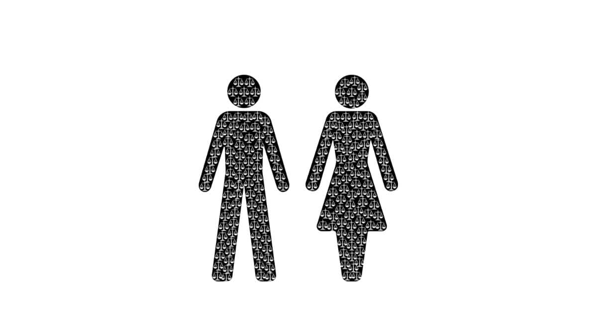 Male and female figures filled with scales of justice symbols.