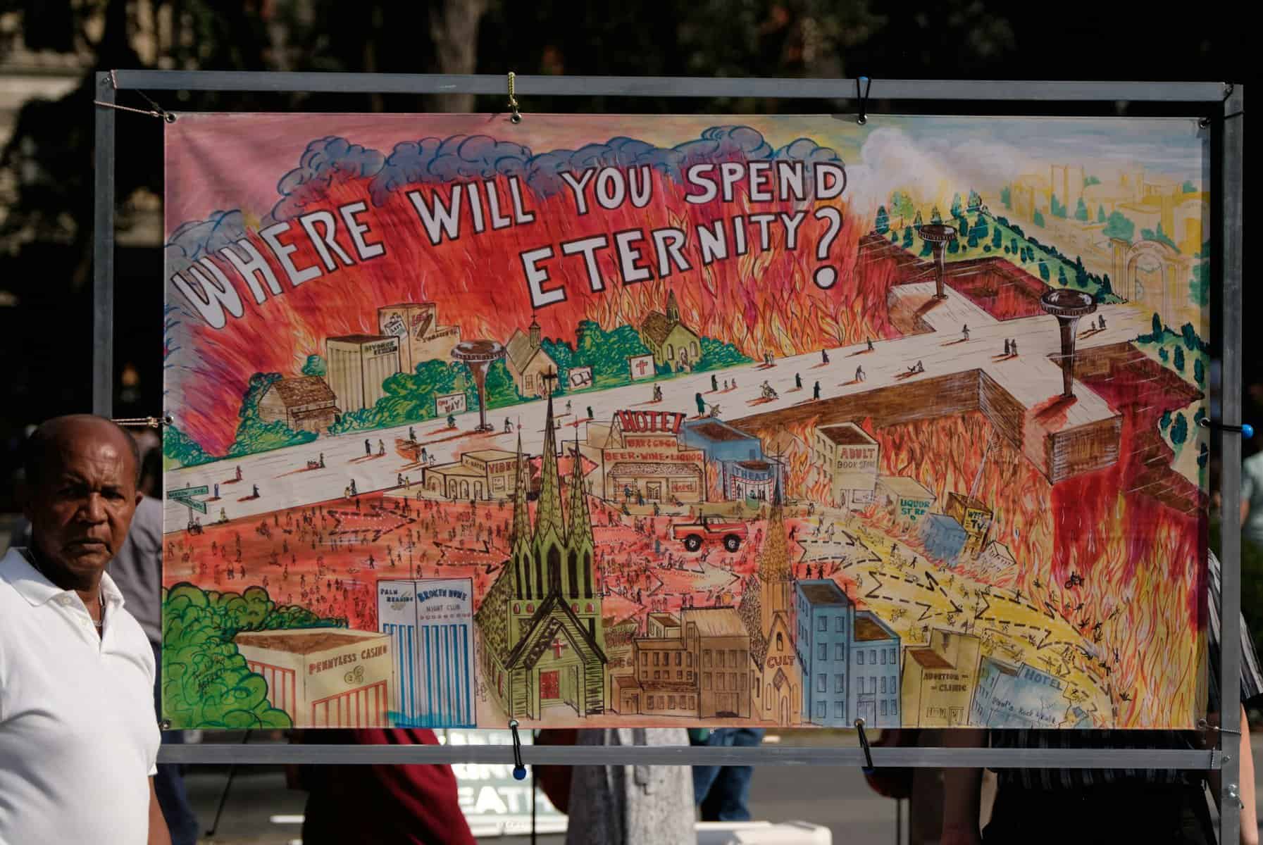 Art piece with vices juxtaposed with faith imagery asking "where will you spend eternity?"