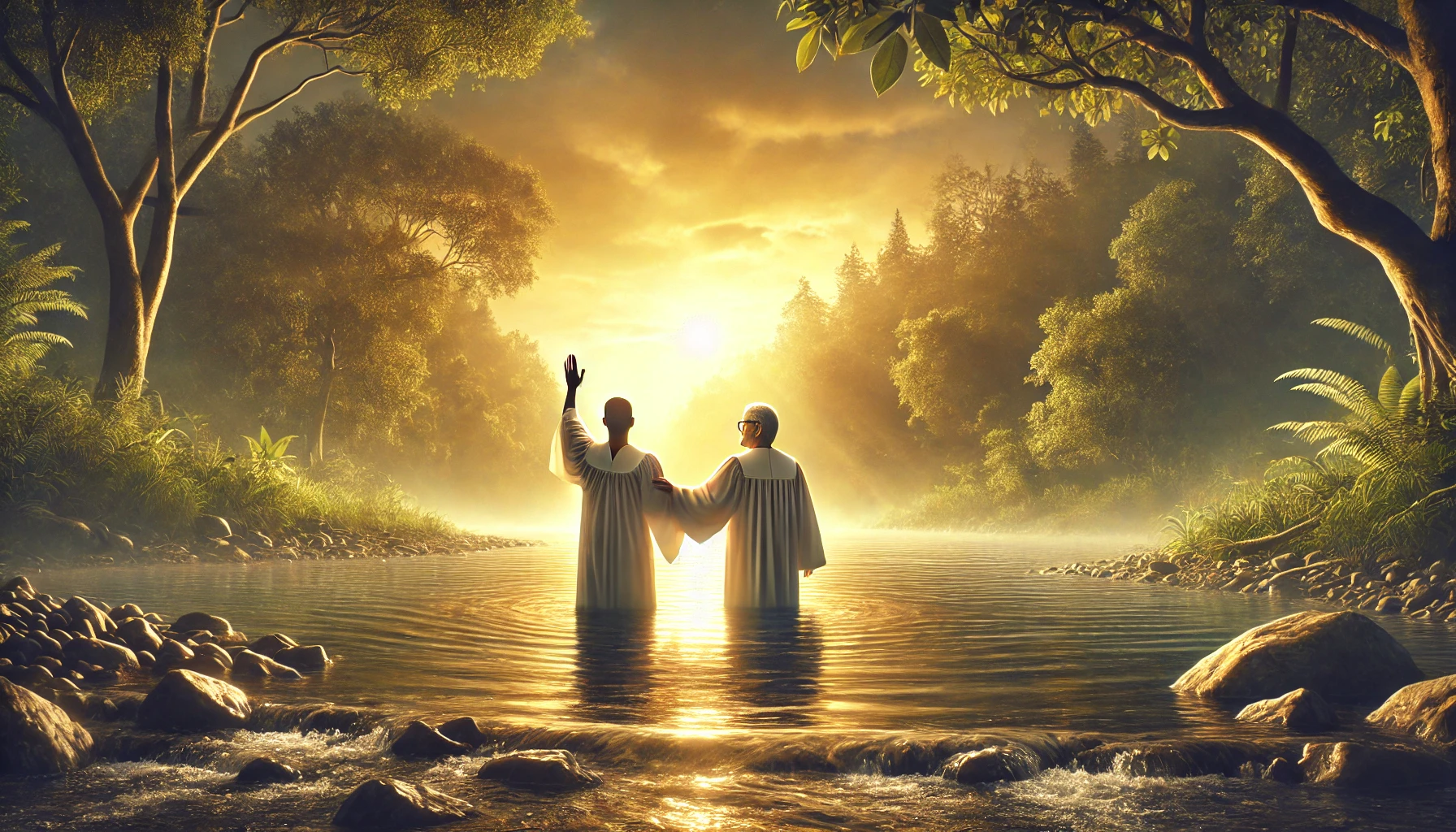 A baptism scene at a river during sunrise.