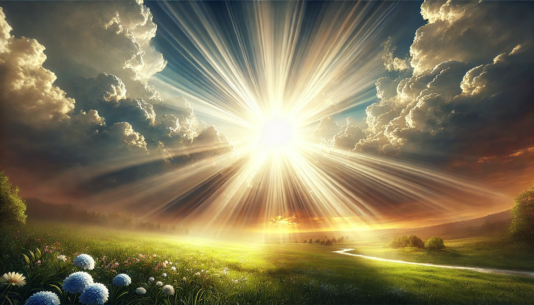 A bright sun shining through the clouds, casting radiant beams of light onto a serene landscape below.