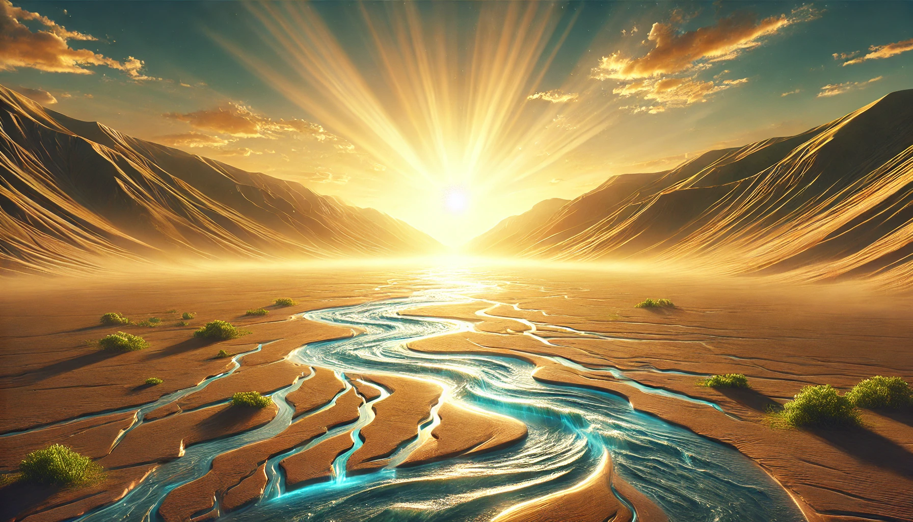 A bright sunrise over a desert with a flowing river cutting through.