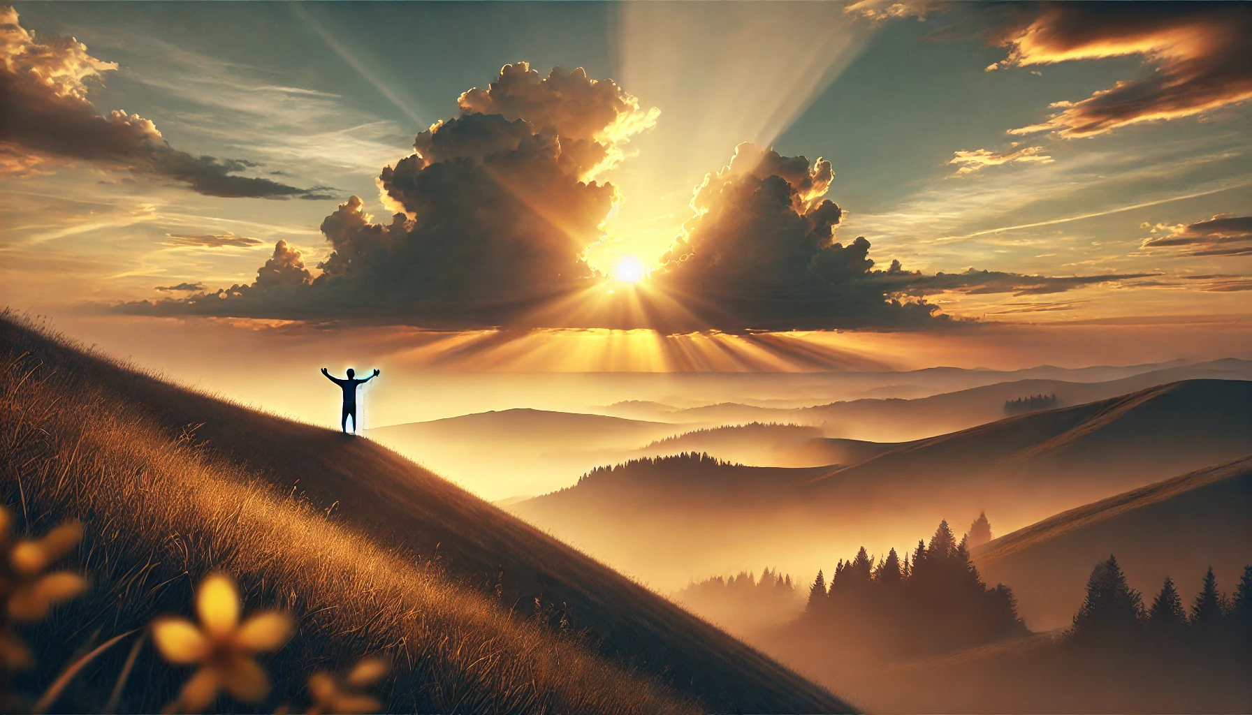 A calm and peaceful landscape at sunset, with a person standing on a hillside, arms lifted in trust.