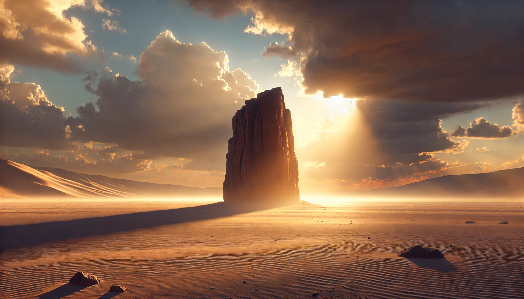 A calm desert landscape at dusk, with a soft golden light breaking through clouds.