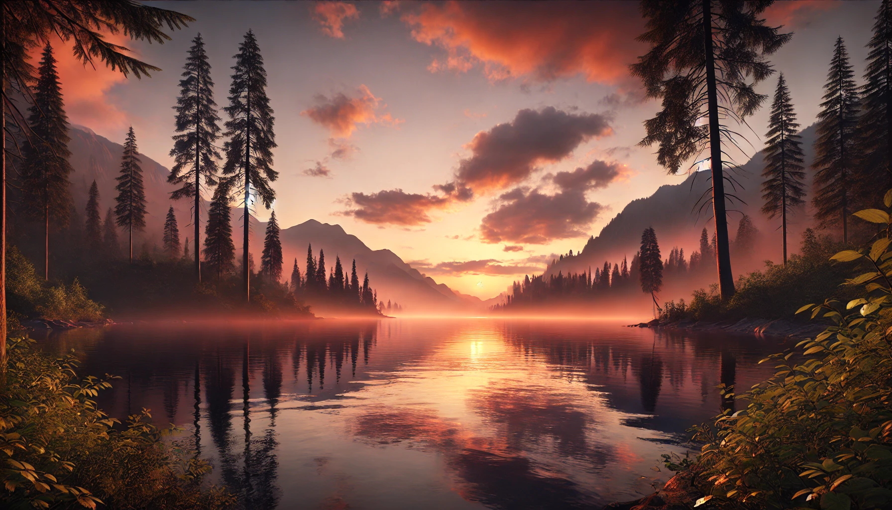 A calm lake at sunset, surrounded by mountains and tall pine trees.