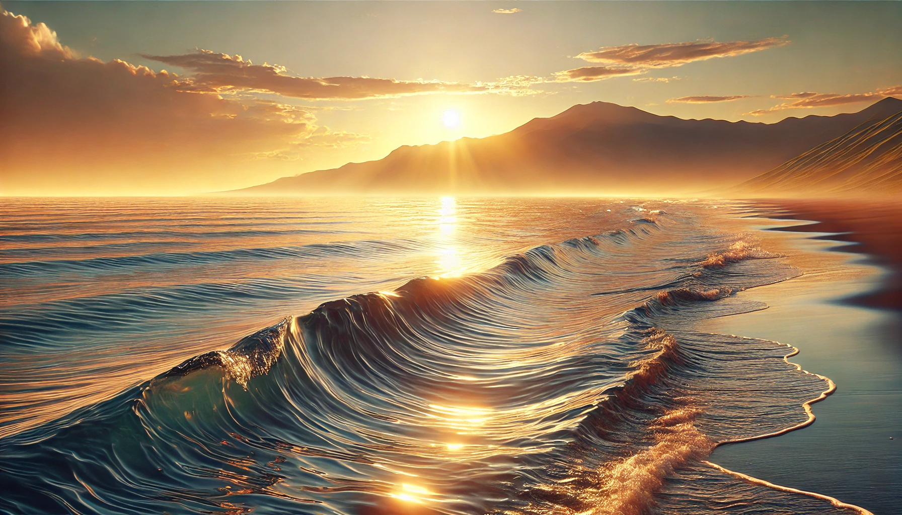 A calm seashore at sunset with gentle waves and a distant mountain range.