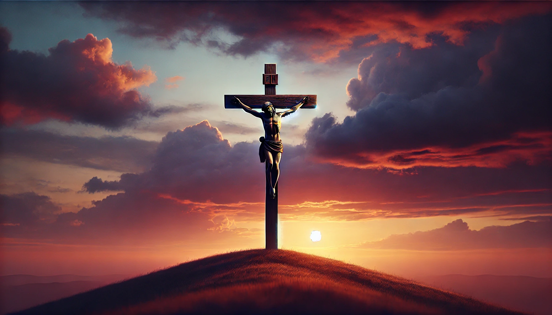 A crucifix standing alone on a hill during sunset.