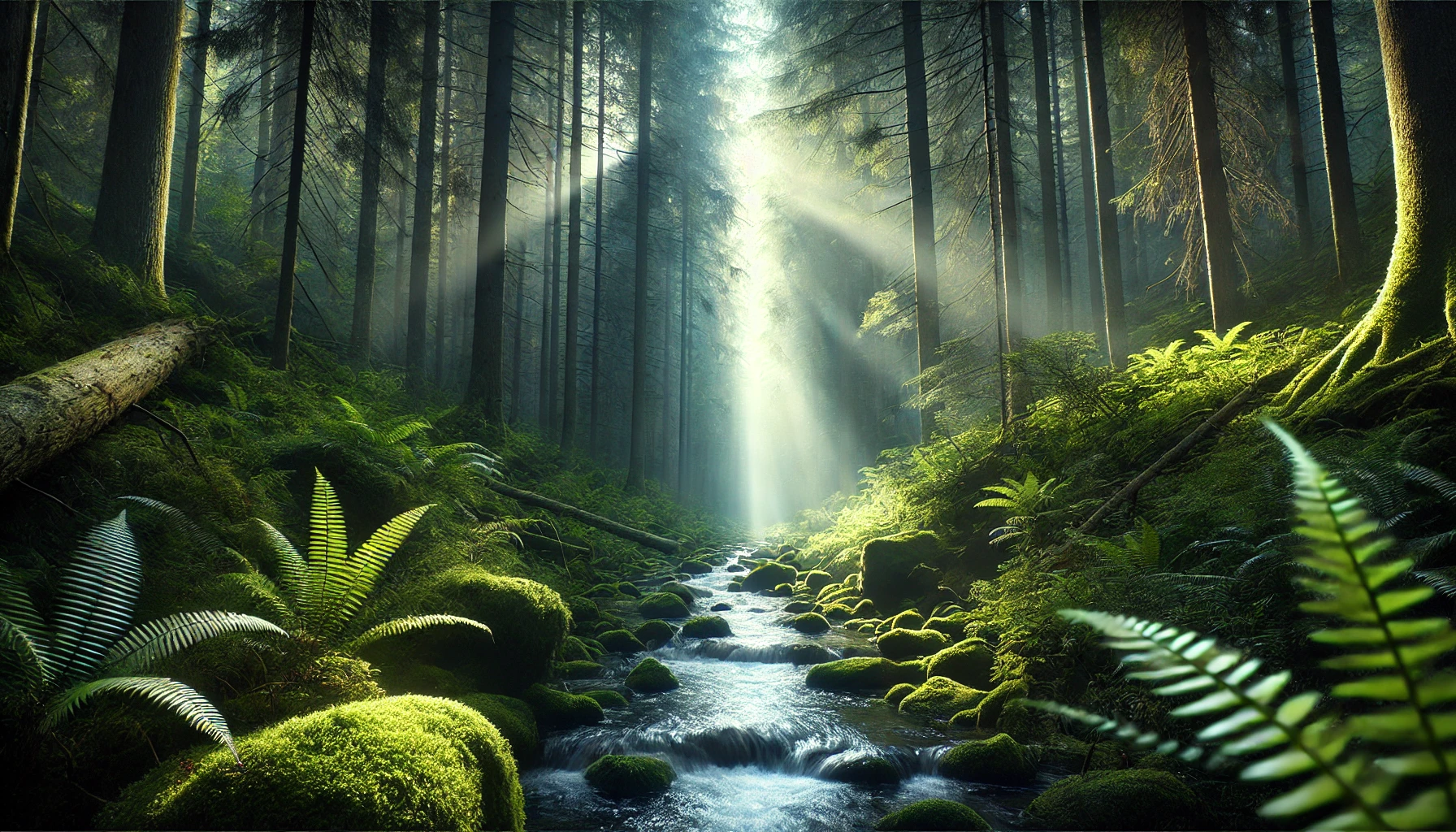 A dense forest with a narrow beam of sunlight breaking through the canopy.