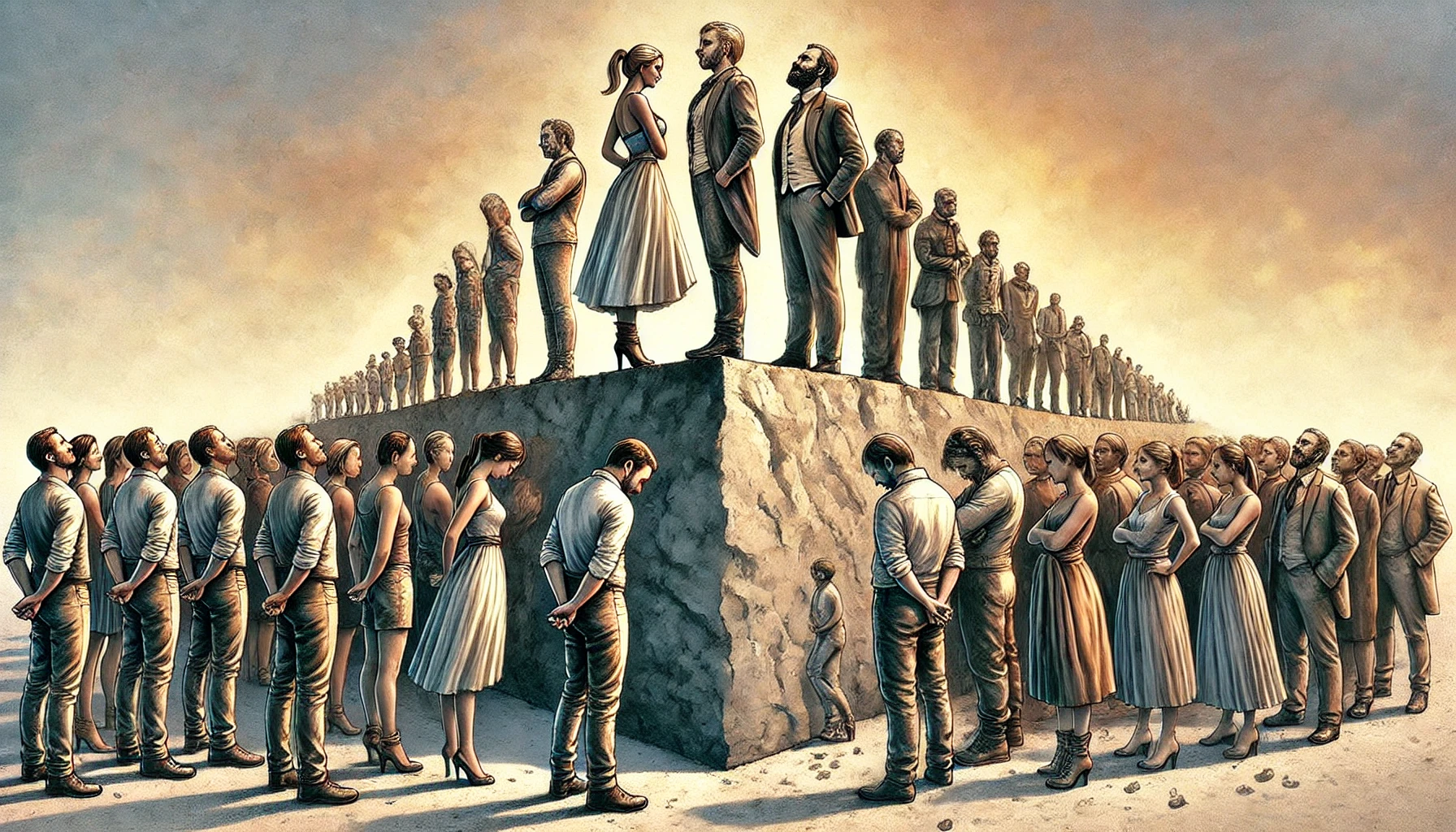 A group of people standing on a large scale, with one side raised higher than the other.