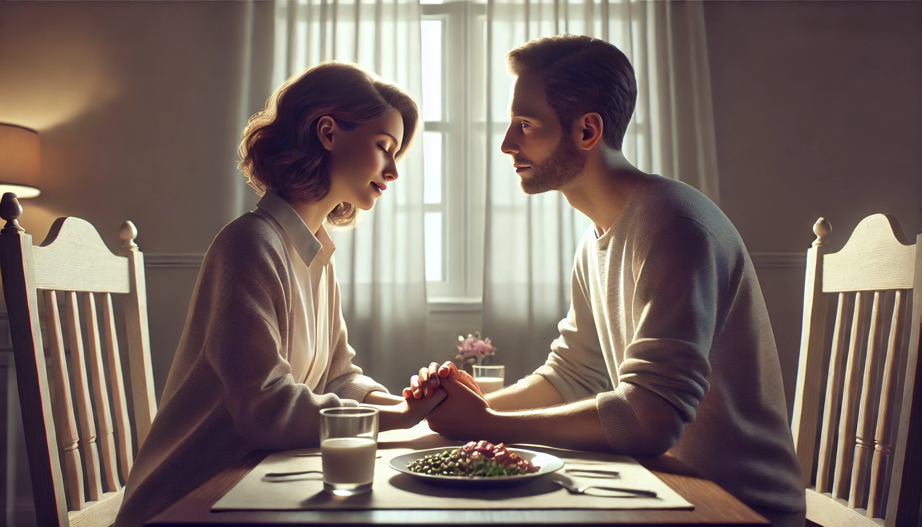 A husband and wife sitting closely at a dining table, holding hands and sharing an intimate moment.