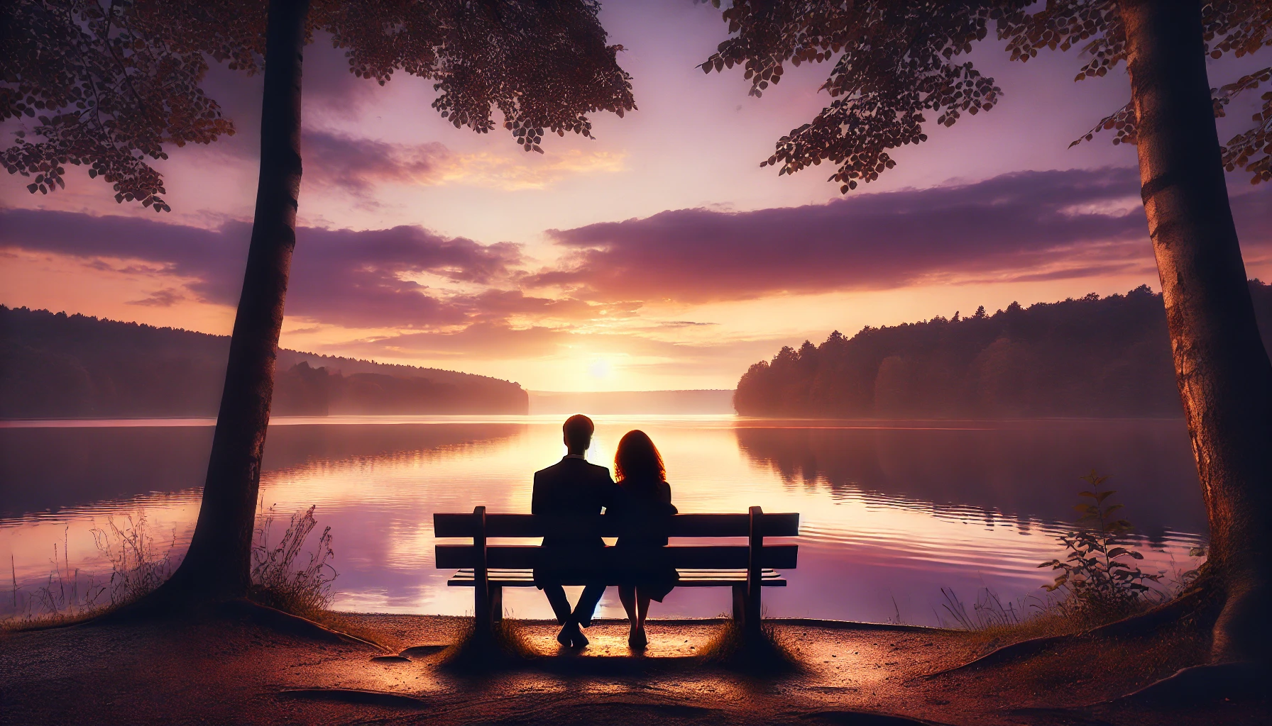 A husband and wife sitting closely together on a bench, overlooking a peaceful lake at sunset.