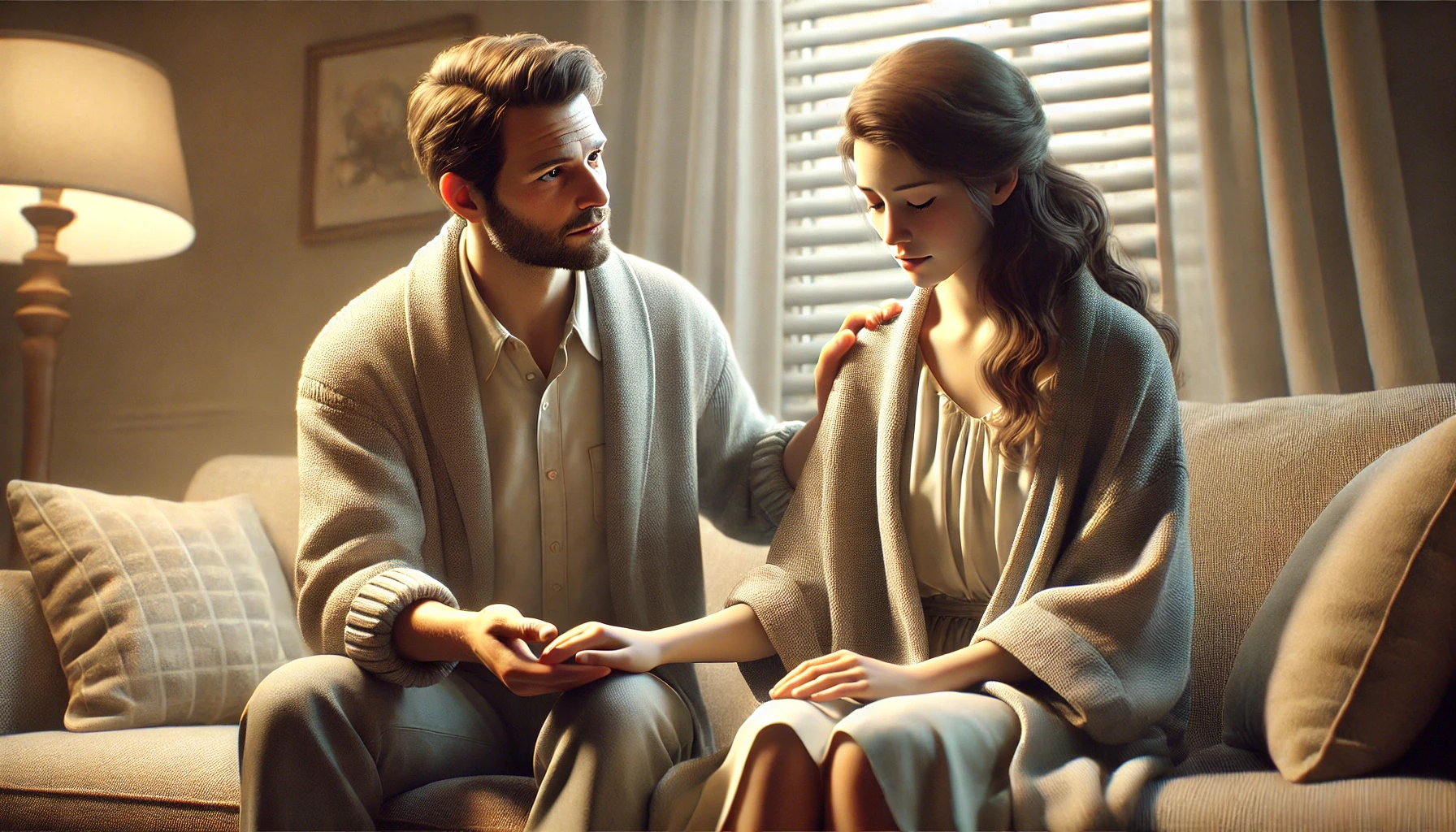 A husband gently holding his wife's hand while they sit together on a cozy couch.